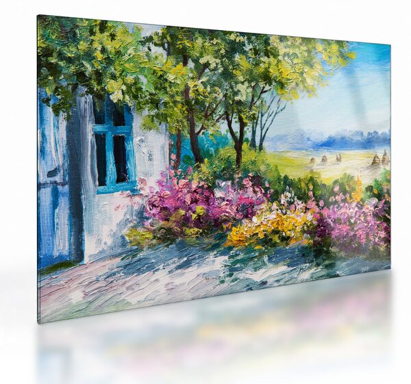 Staklena slika vrta pred hišo, oljna slika (70x50 cm)