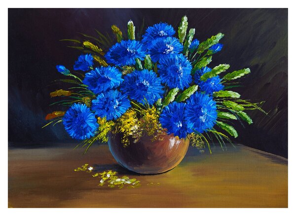 Staklena slika modrih rož v vazi (70x50 cm)