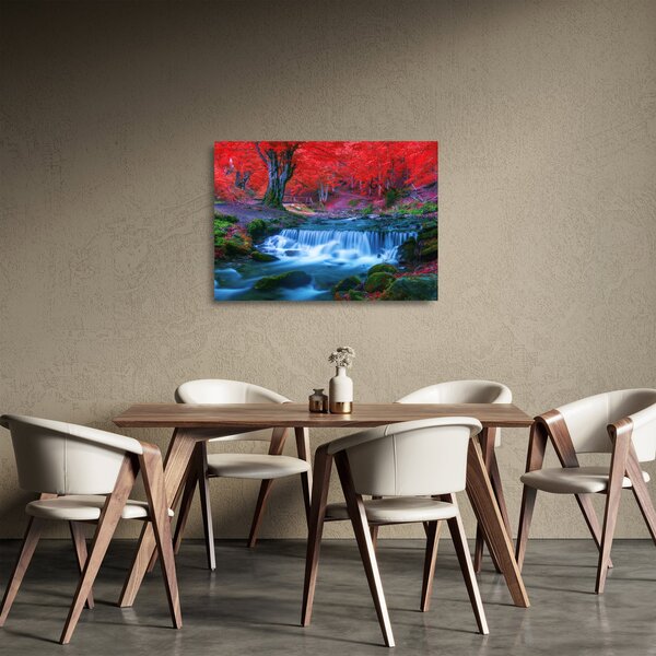 Staklena slika slapa v rdečem gozdu (70x50 cm)
