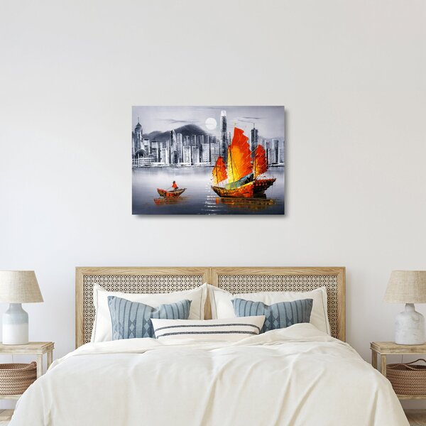 Staklena slika - Victoria Harbor, Hong Kong, črno-bela oljna slika (70x50 cm)