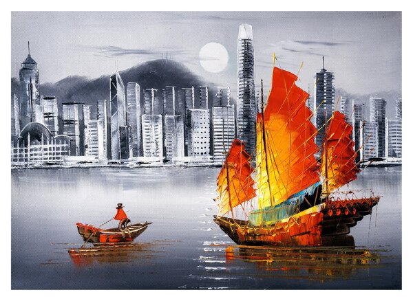 Staklena slika - Victoria Harbor, Hong Kong, črno-bela oljna slika (70x50 cm)