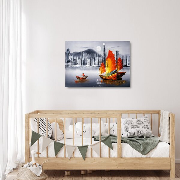 Staklena slika - Victoria Harbor, Hong Kong, črno-bela oljna slika (70x50 cm)