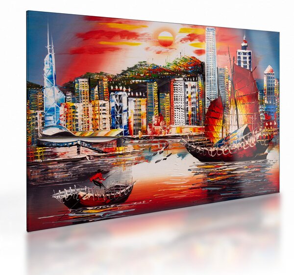 Staklena slika - Victoria Harbour, Hong Kong, oljna slika (70x50 cm)