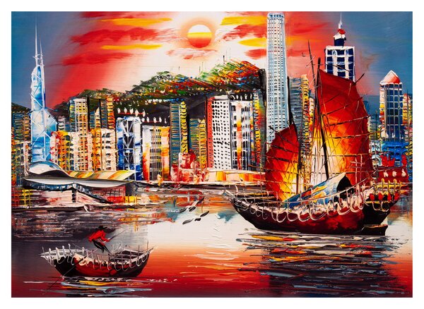 Staklena slika - Victoria Harbour, Hong Kong, oljna slika (70x50 cm)