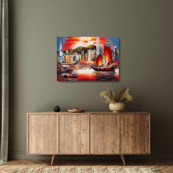 Staklena slika - Victoria Harbour, Hong Kong, oljna slika (70x50 cm)
