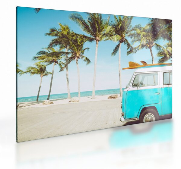 Staklena slika - Starodobni kombi na plaži (70x50 cm)