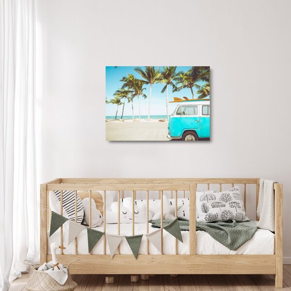 Staklena slika - Starodobni kombi na plaži (70x50 cm)