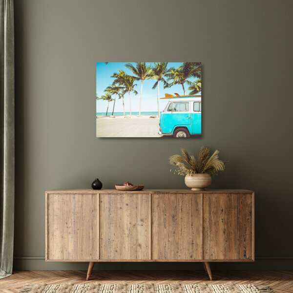 Staklena slika - Starodobni kombi na plaži (70x50 cm)