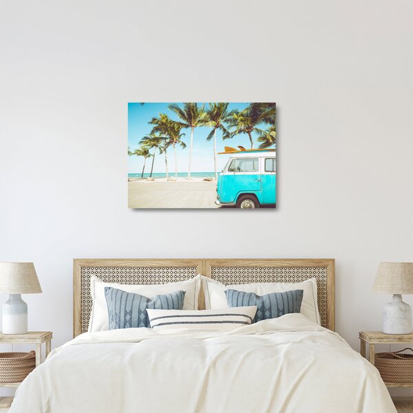 Staklena slika - Starodobni kombi na plaži (70x50 cm)