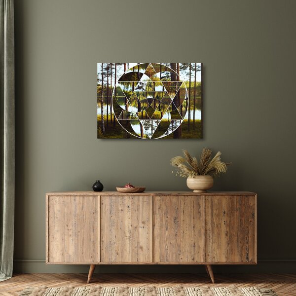 Staklena slika - Geometrijski kolaž na ozadju nordijskih gozdov (70x50 cm)