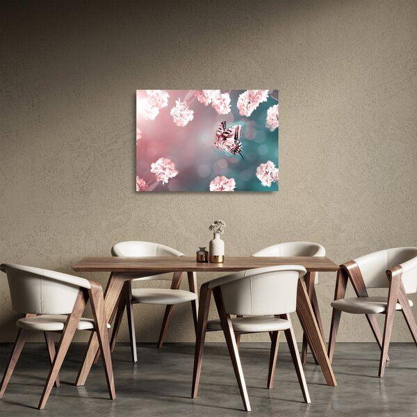 Staklena slika - Metulj med rožami (70x50 cm)