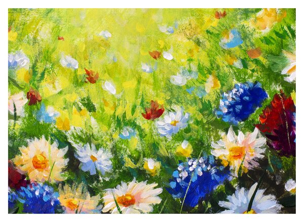 Staklena slika cvetočega travnika, oljna slika (70x50 cm)