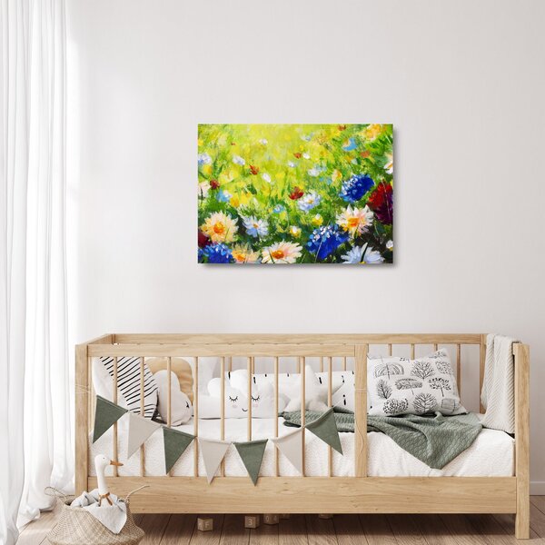 Staklena slika cvetočega travnika, oljna slika (70x50 cm)