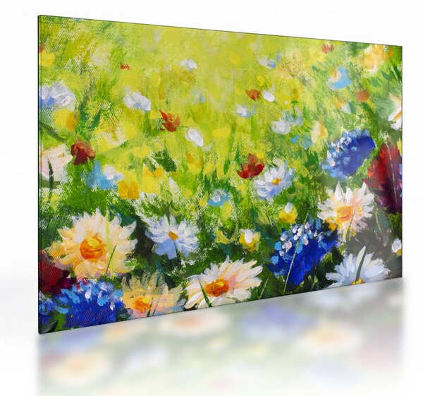 Staklena slika cvetočega travnika, oljna slika (70x50 cm)
