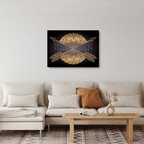 Staklena slika - Zlata mandala s puščicami (70x50 cm)