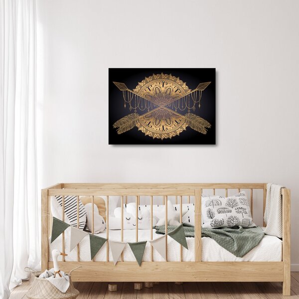Staklena slika - Zlata mandala s puščicami (70x50 cm)