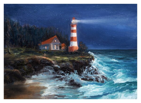 Staklena slika - Svetilnik na obali oceana, akvarel (70x50 cm)