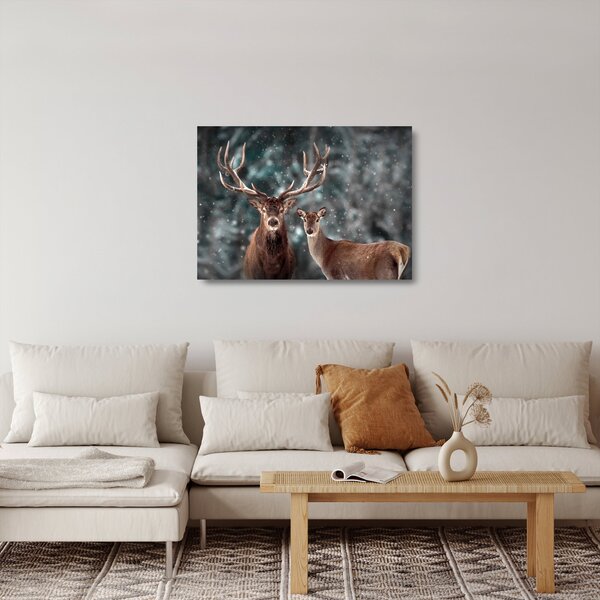 Staklena slika - Jelen in srna v zasneženem gozdu (70x50 cm)