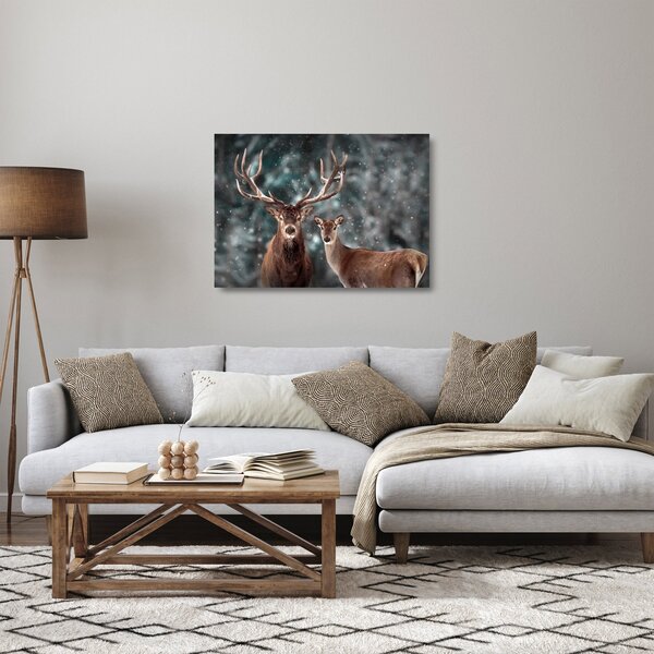 Staklena slika - Jelen in srna v zasneženem gozdu (70x50 cm)