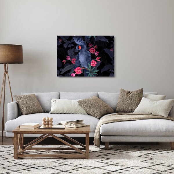 Staklena slika - Papiga med rožami (70x50 cm)
