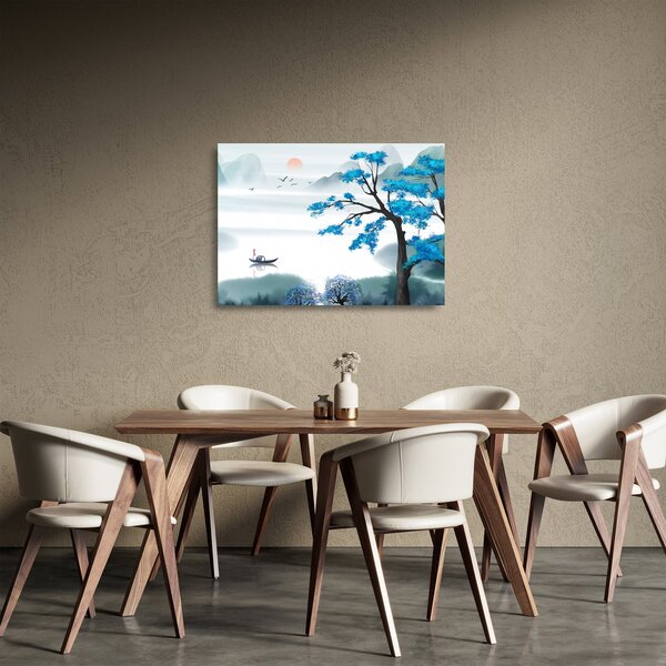 Staklena slika - Naslikano jezero s čolnom (70x50 cm)
