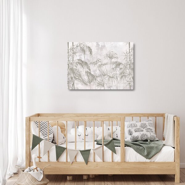 Staklena slika - Tropske rastline na steni v sivi barvi (70x50 cm)