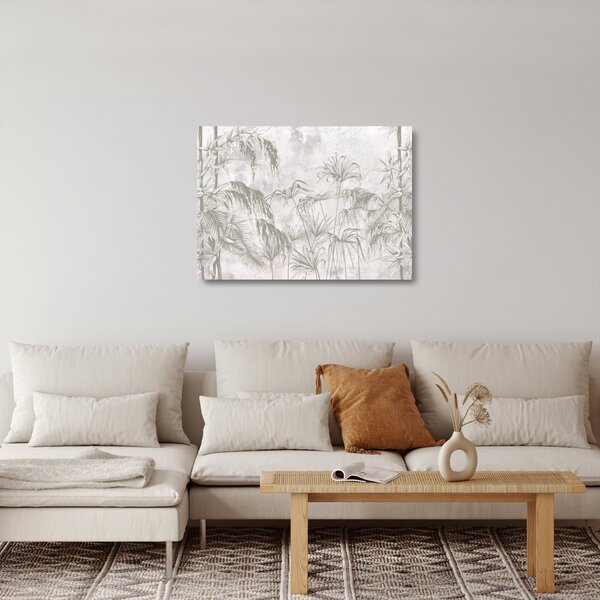 Staklena slika - Tropske rastline na steni v sivi barvi (70x50 cm)