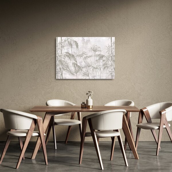 Staklena slika - Tropske rastline na steni v sivi barvi (70x50 cm)