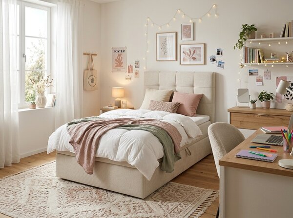 Tapecirani boxspring krevet DIRELIS VIBE 90x200 cm kremasti Madrac: Bonell opružni madrac