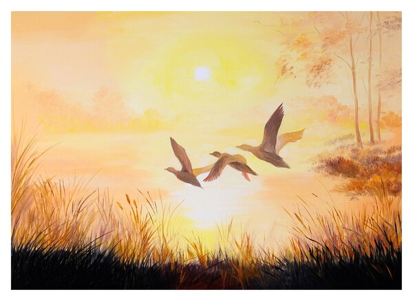 Staklena slika - Žerjavi ob sončnem zahodu (70x50 cm)