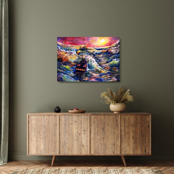 Staklena slika - Ladja na oceanskih valovih, akvarel (70x50 cm)