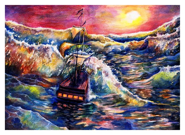 Staklena slika - Ladja na oceanskih valovih, akvarel (70x50 cm)