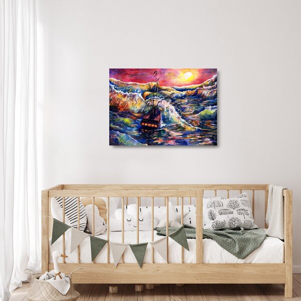 Staklena slika - Ladja na oceanskih valovih, akvarel (70x50 cm)