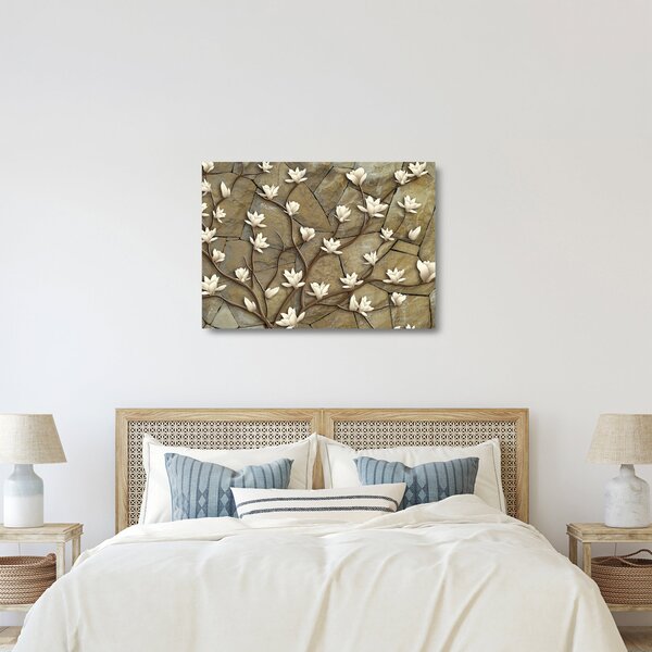 Staklena slika - Bele magnolije na kamnitem zidu (70x50 cm)