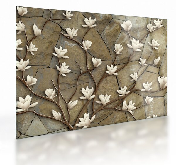Staklena slika - Bele magnolije na kamnitem zidu (70x50 cm)
