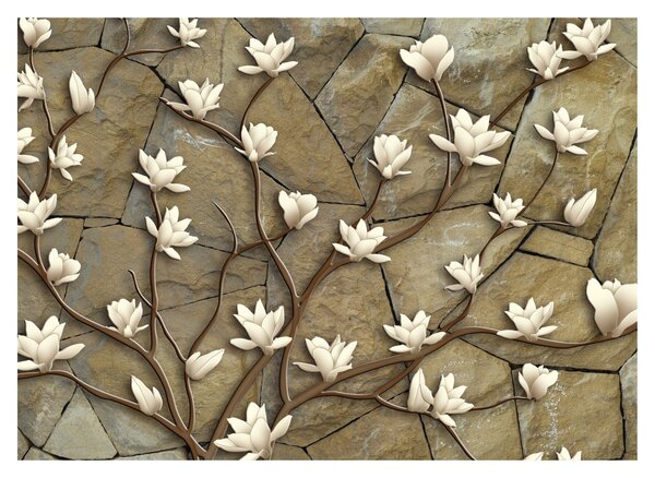 Staklena slika - Bele magnolije na kamnitem zidu (70x50 cm)