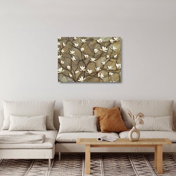 Staklena slika - Bele magnolije na kamnitem zidu (70x50 cm)