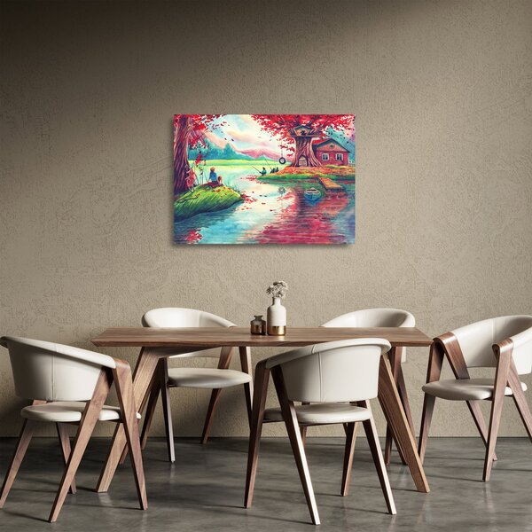 Staklena slika - Akvarel, Zaliv v gorski vasi (70x50 cm)