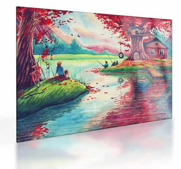 Staklena slika - Akvarel, Zaliv v gorski vasi (70x50 cm)