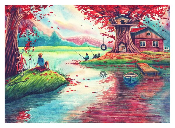 Staklena slika - Akvarel, Zaliv v gorski vasi (70x50 cm)
