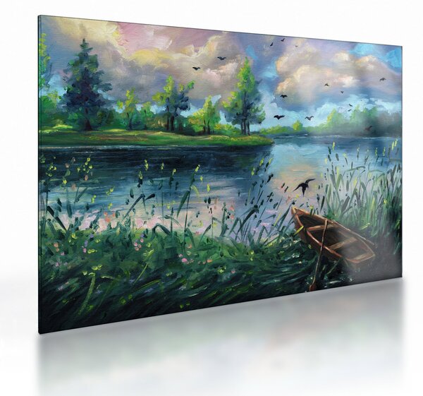 Staklena slika - Oljna slika, Zgodnji poletni večer ob jezeru (70x50 cm)