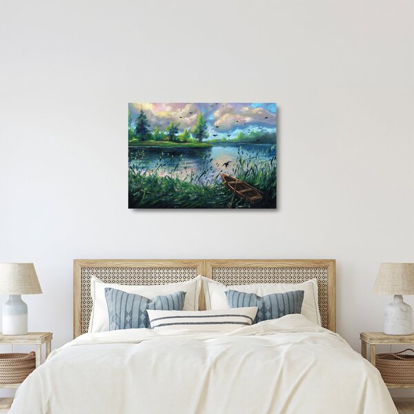 Staklena slika - Oljna slika, Zgodnji poletni večer ob jezeru (70x50 cm)