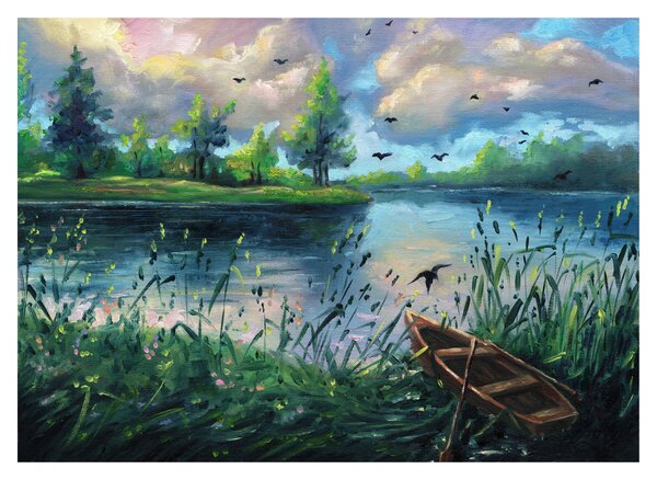 Staklena slika - Oljna slika, Zgodnji poletni večer ob jezeru (70x50 cm)