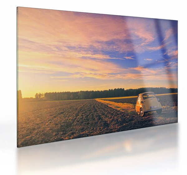 Staklena slika žutog automobila u polju (70x50 cm)