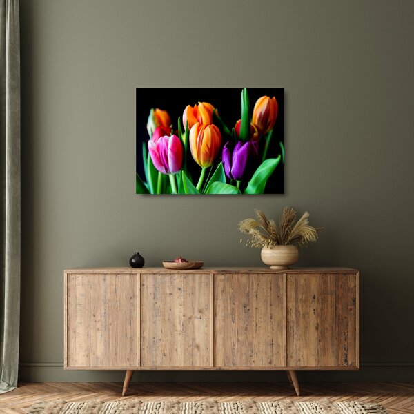 Staklena slika tulipana na crnoj pozadini (70x50 cm)