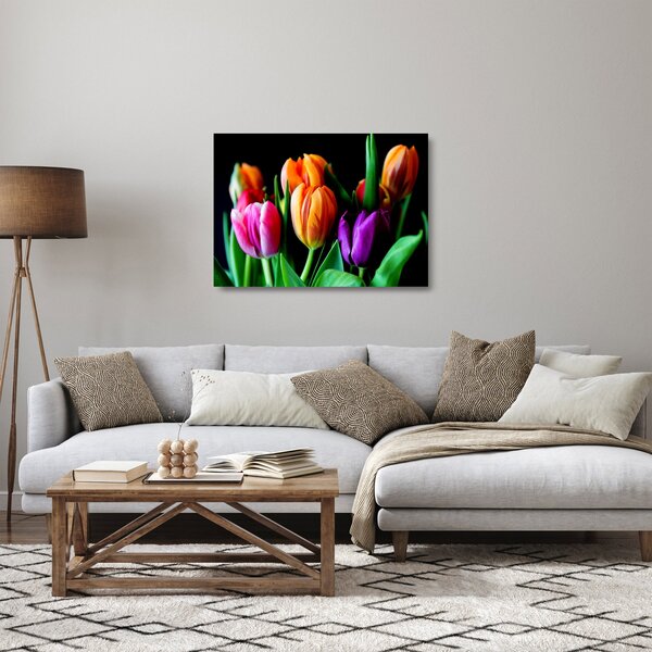 Staklena slika tulipana na crnoj pozadini (70x50 cm)