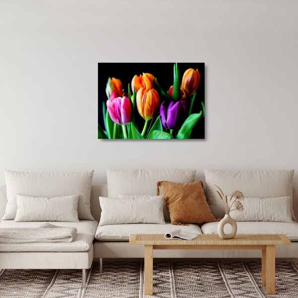 Staklena slika tulipana na crnoj pozadini (70x50 cm)