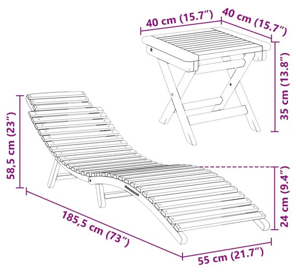 Ležaljka 2 kom. Čvrsto teak drvo Smeđa - 1x sunčalište + stol 185 5 x 55 x 58 5 cm