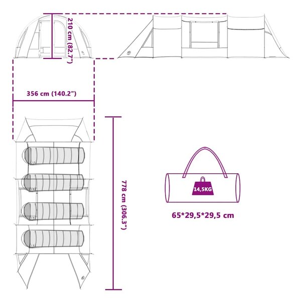 Tunelski šator za 4 osobe 4-osobni Zelena i bijela - Zelena 775 x 350 x 210 cm