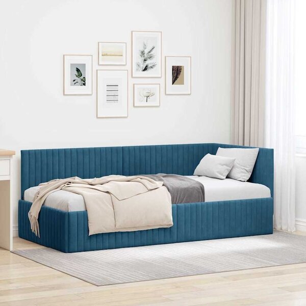 Kutni okvir kreveta s uzglavljem Plava 90 cm x 200 cm Baršun - Plava 90 x 200 cm
